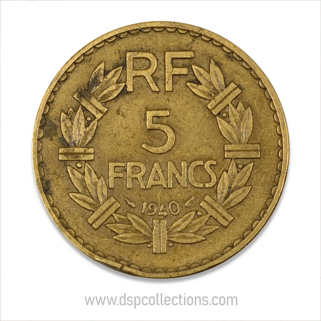 FRANCE, pièce de 5 Francs 1940, Lavrillier Bronze-Aluminium