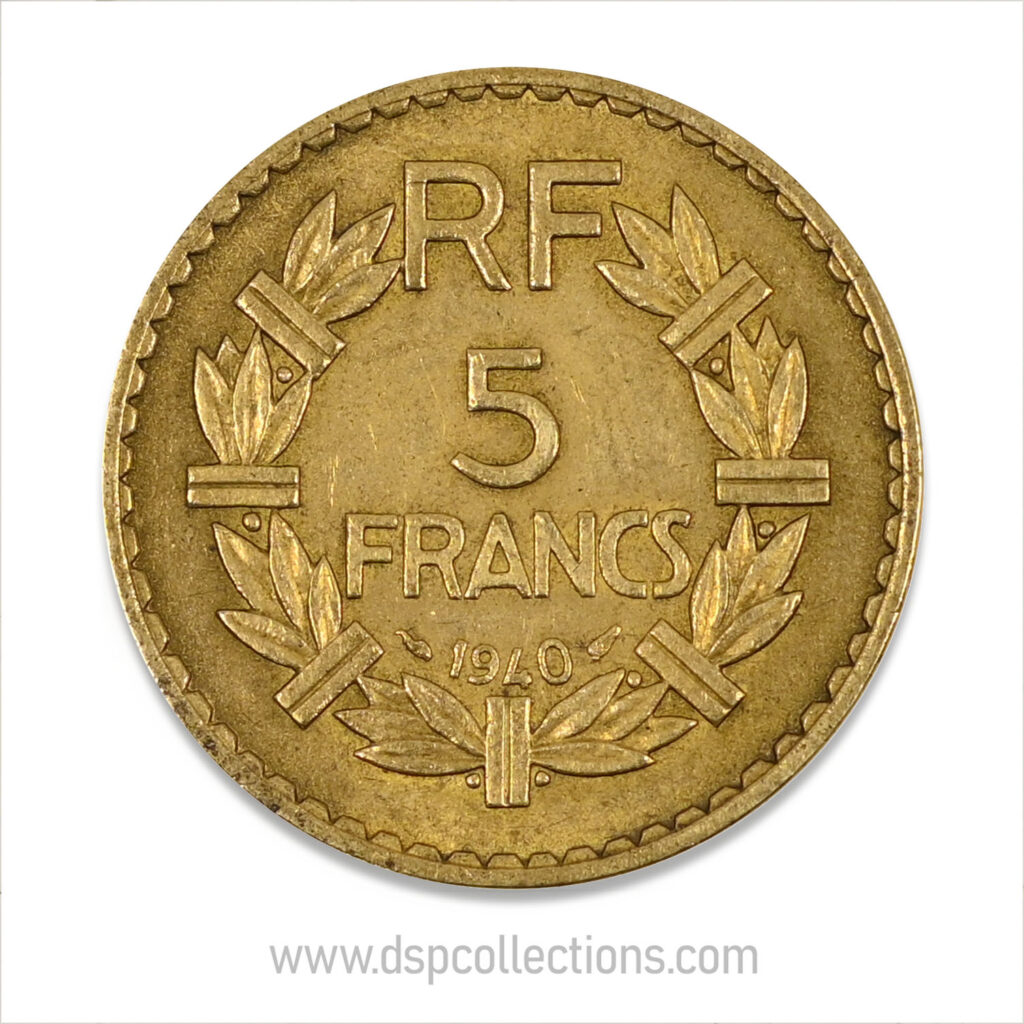 FRANCE, pièce de 5 Francs 1940, Lavrillier Bronze-Aluminium