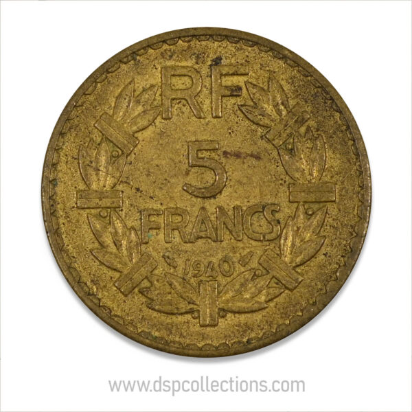 FRANCE, pièce de 5 Francs 1940, Lavrillier Bronze-Aluminium