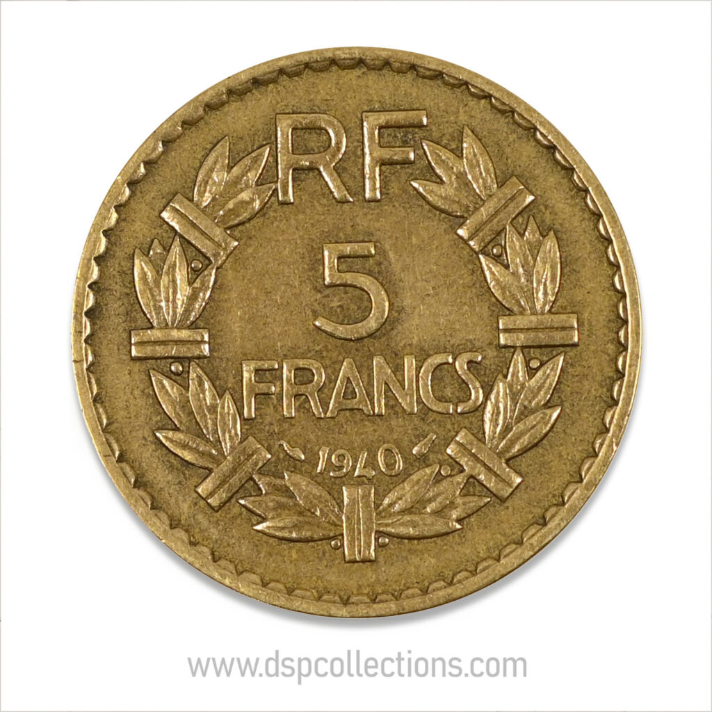 FRANCE, pièce de 5 Francs 1940, Lavrillier Bronze-Aluminium