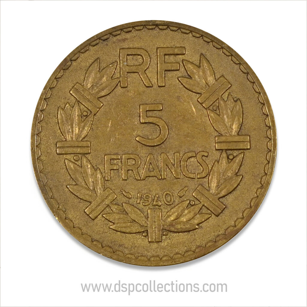 FRANCE, pièce de 5 Francs 1940, Lavrillier Bronze-Aluminium