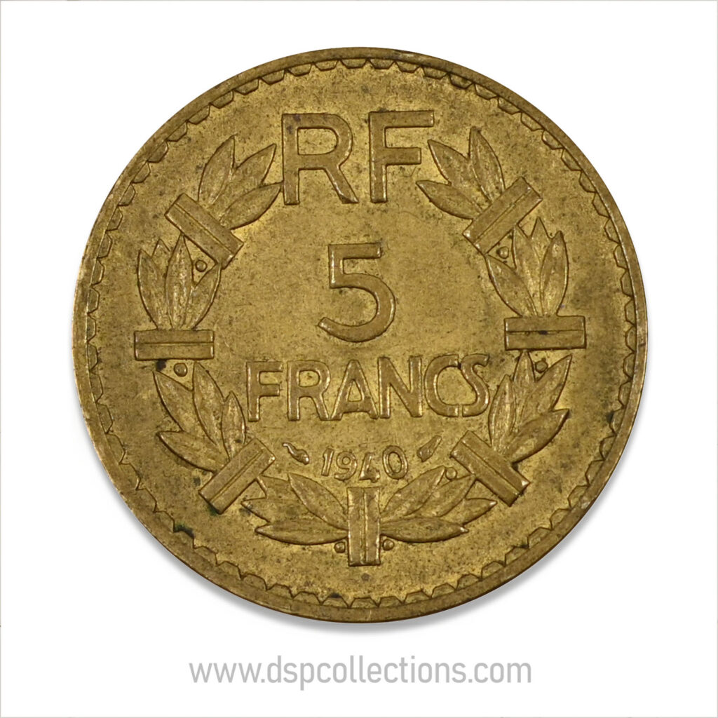 FRANCE, pièce de 5 Francs 1940, Lavrillier Bronze-Aluminium