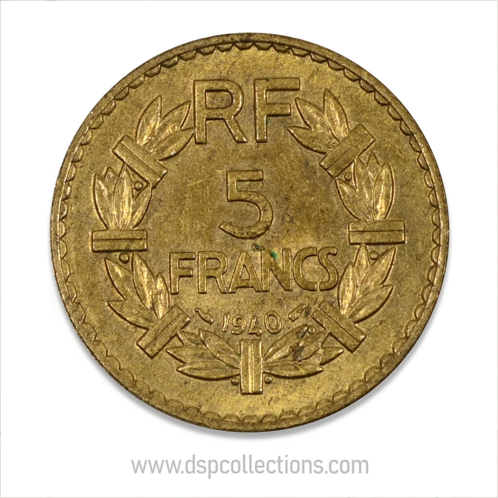 FRANCE, pièce de 5 Francs 1940, Lavrillier Bronze-Aluminium