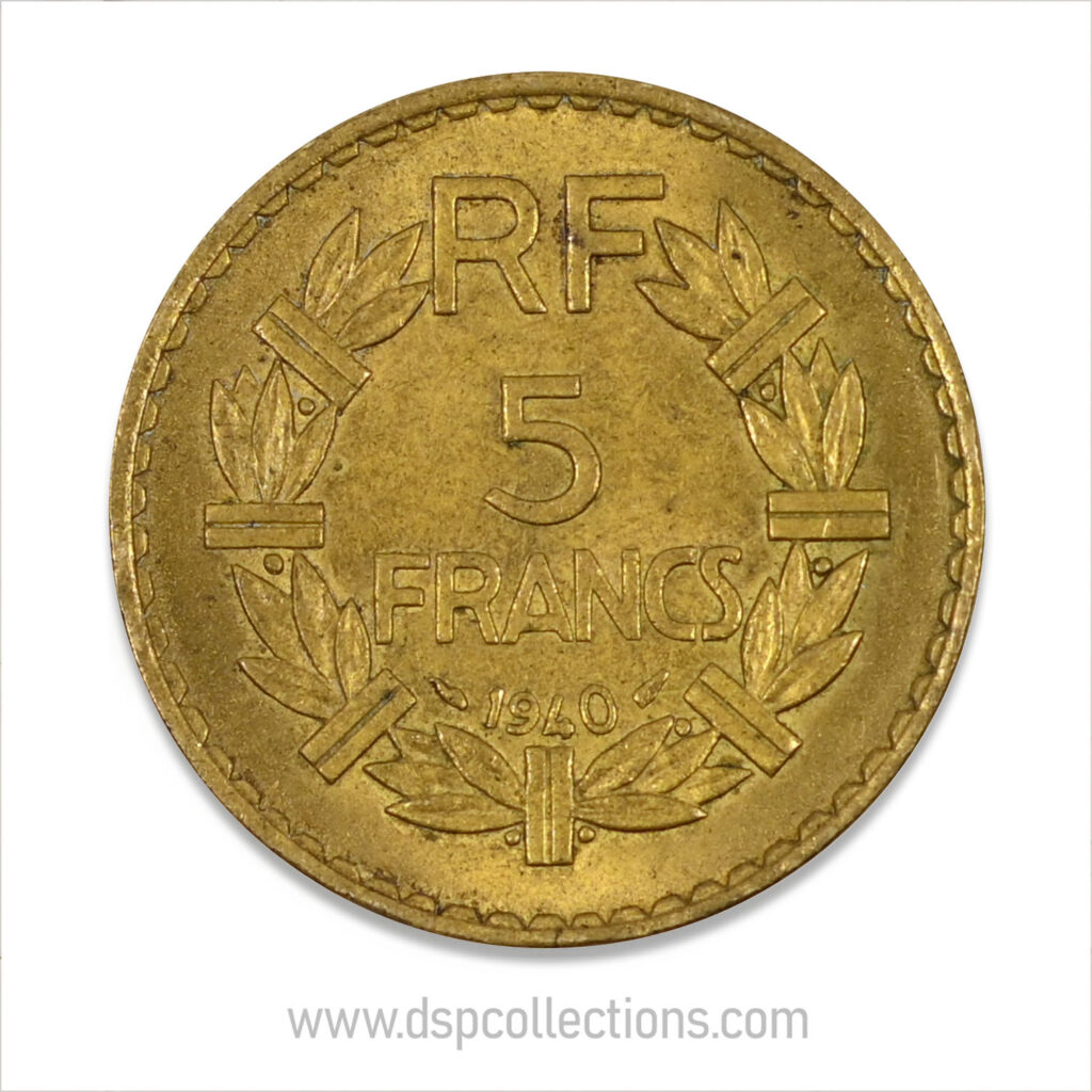 FRANCE, pièce de 5 Francs 1940, Lavrillier Bronze-Aluminium