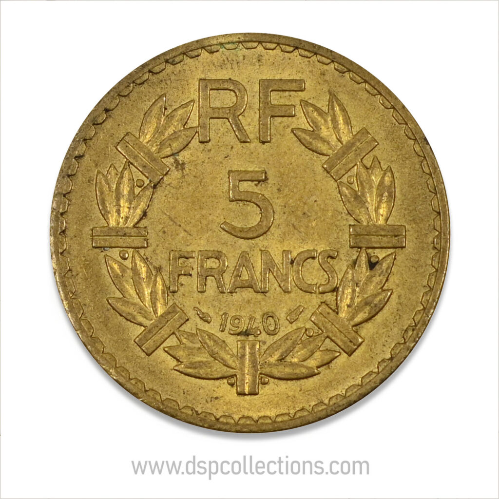 FRANCE, pièce de 5 Francs 1940, Lavrillier Bronze-Aluminium