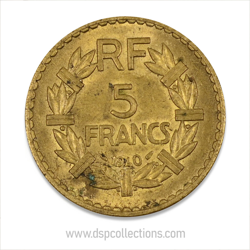 FRANCE, pièce de 5 Francs 1940, Lavrillier Bronze-Aluminium