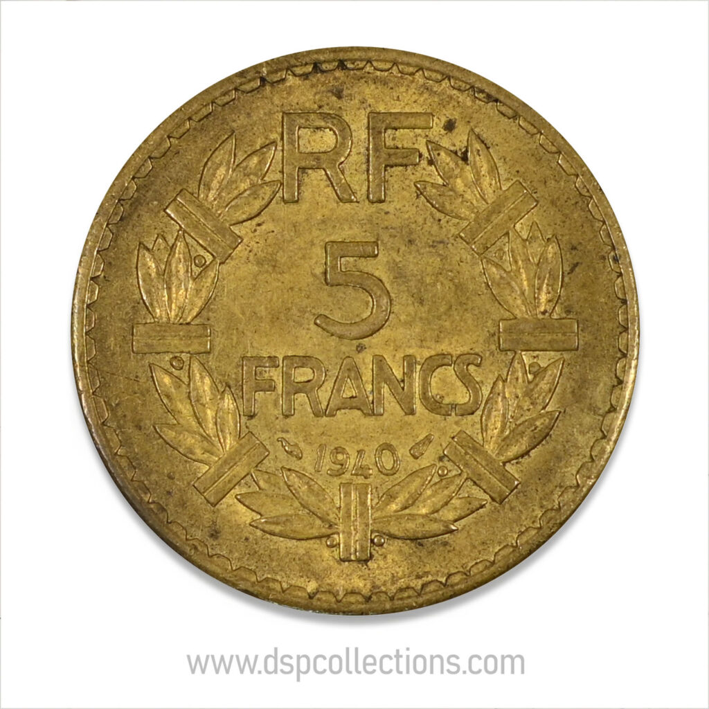 FRANCE, pièce de 5 Francs 1940, Lavrillier Bronze-Aluminium