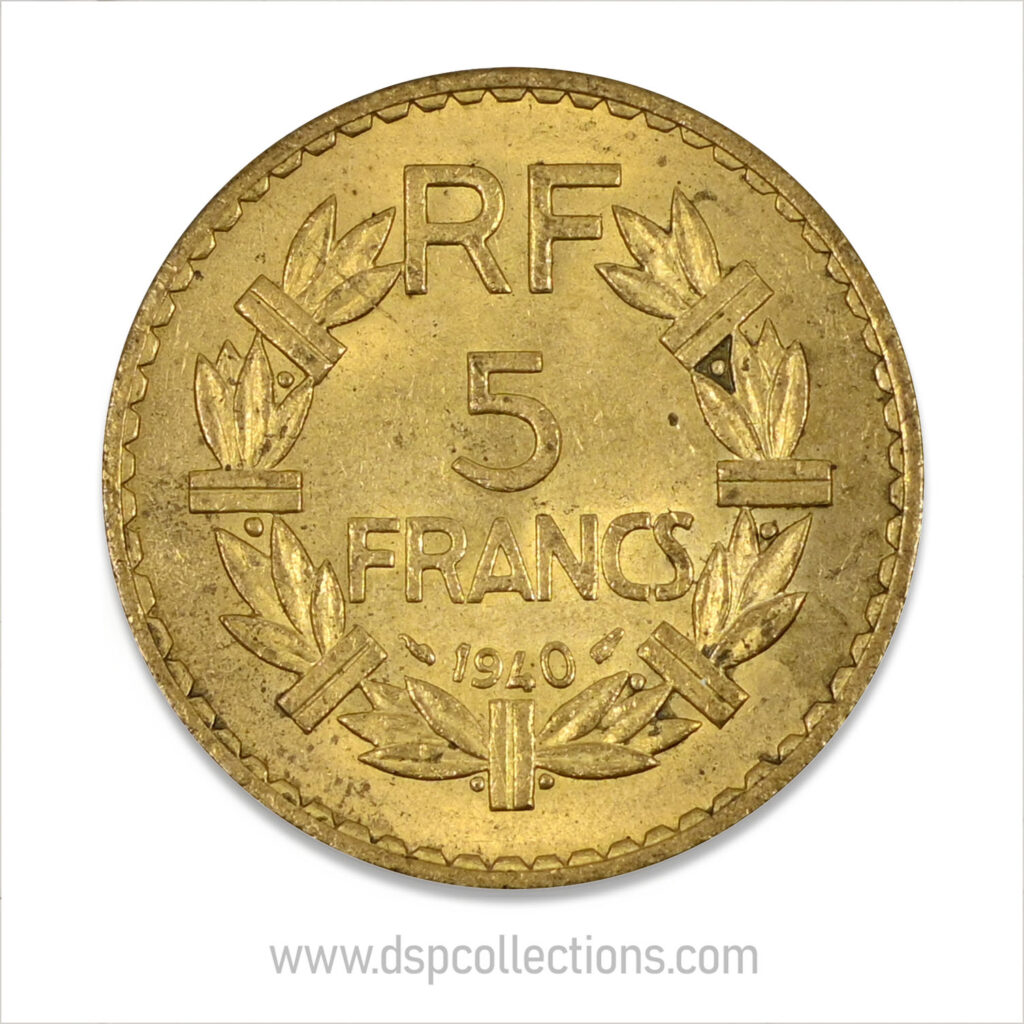 FRANCE, pièce de 5 Francs 1940, Lavrillier Bronze-Aluminium