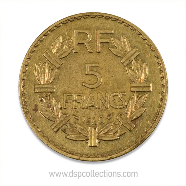 FRANCE, pièce de 5 Francs 1940, Lavrillier Bronze-Aluminium