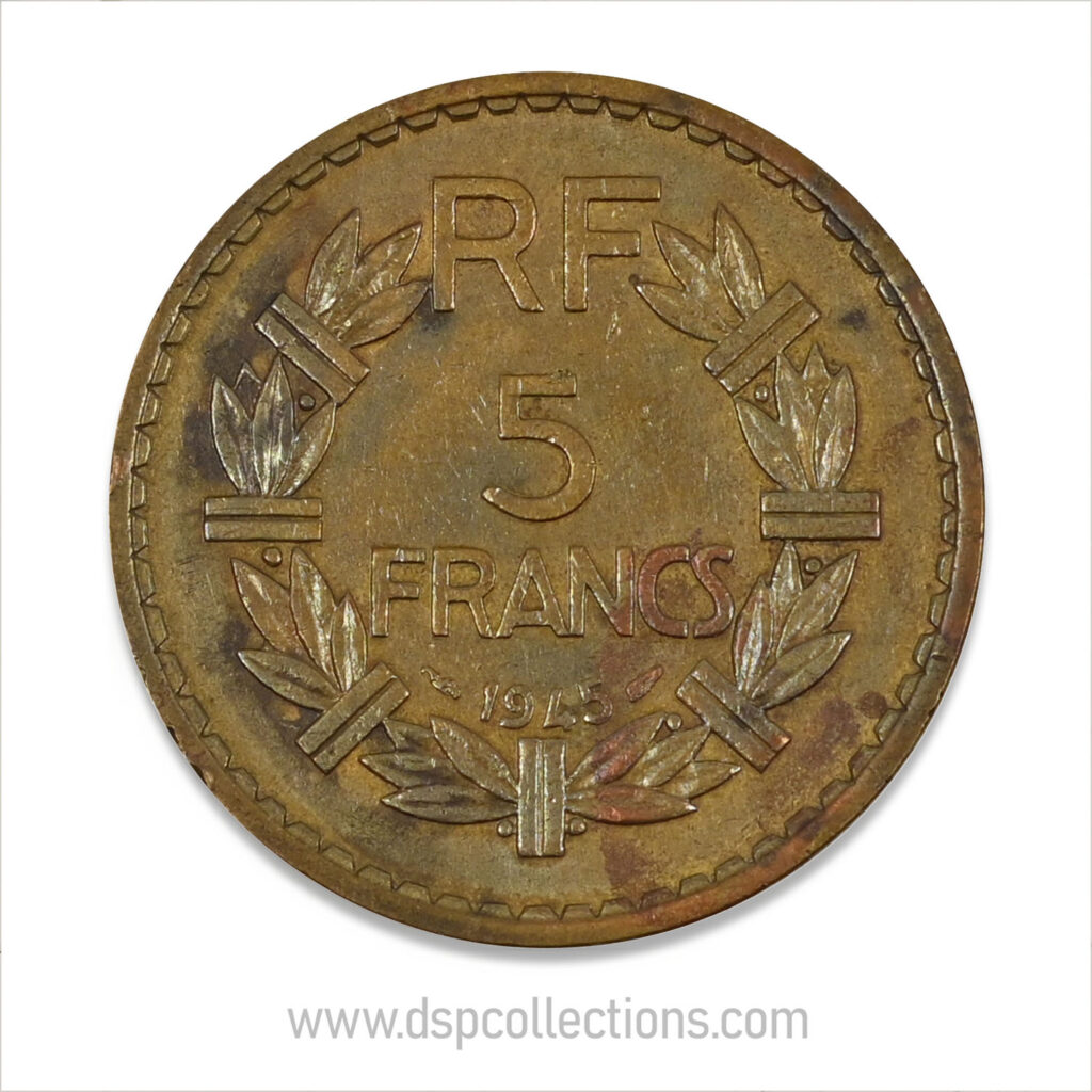 FRANCE, pièce de 5 Francs 1945, Lavrillier Bronze-Aluminium