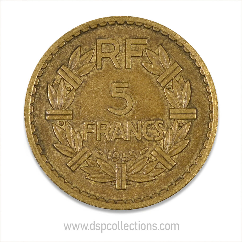 FRANCE, pièce de 5 Francs 1945, Lavrillier Bronze-Aluminium