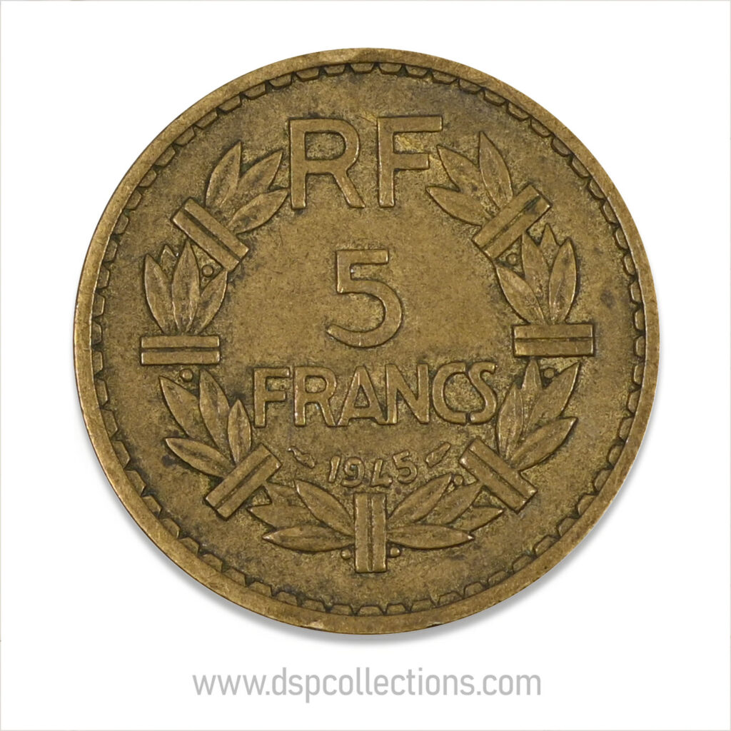 FRANCE, pièce de 5 Francs 1945, Lavrillier Bronze-Aluminium