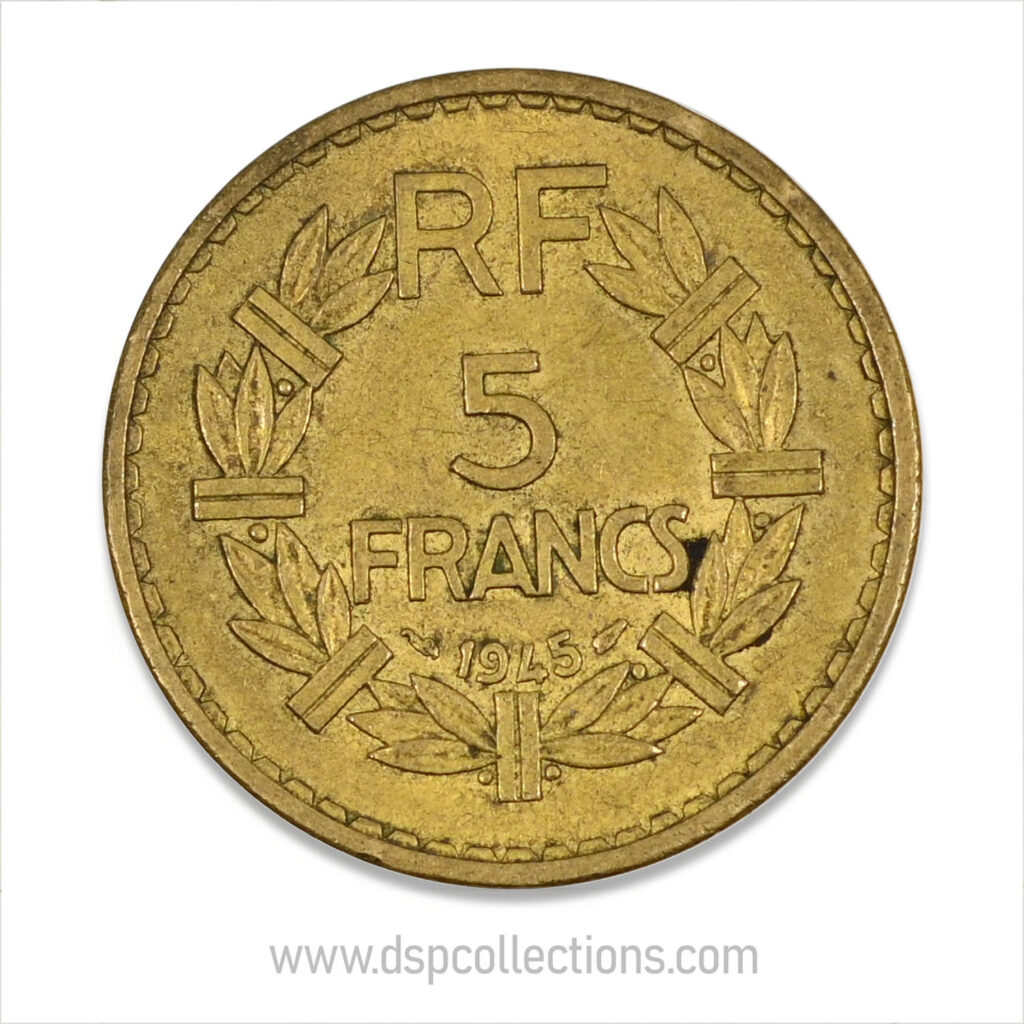 FRANCE, pièce de 5 Francs 1945, Lavrillier Bronze-Aluminium