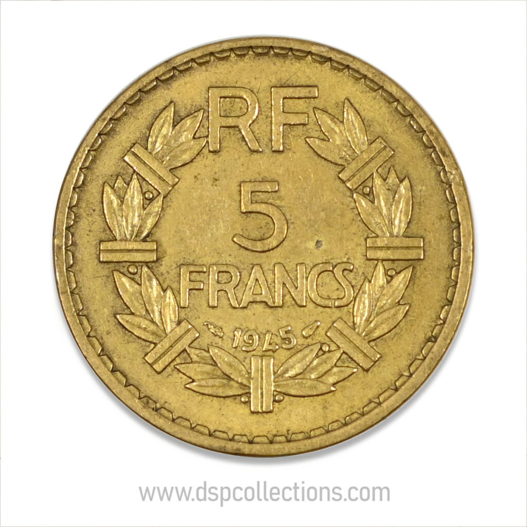 FRANCE, pièce de 5 Francs 1945, Lavrillier Bronze-Aluminium