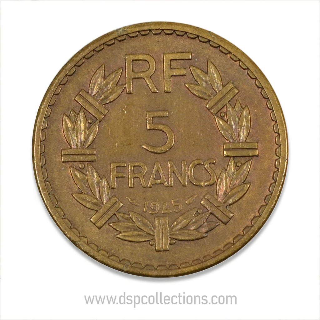 FRANCE, pièce de 5 Francs 1945, Lavrillier Bronze-Aluminium