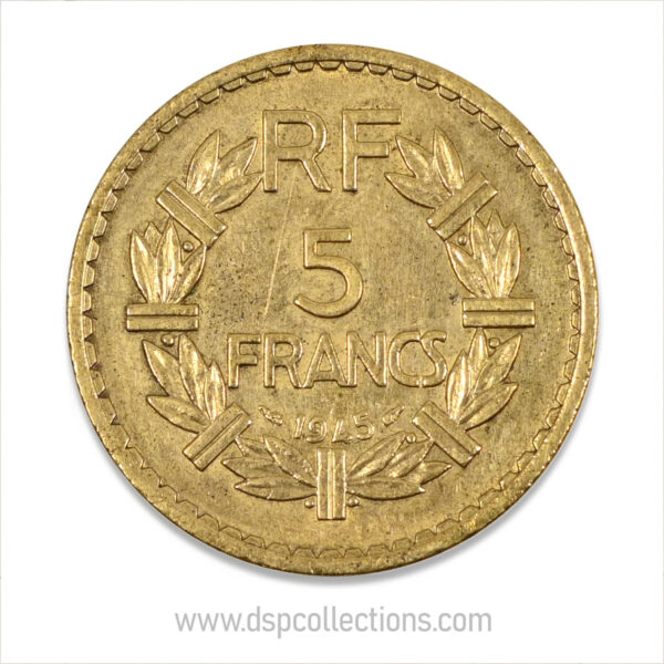 FRANCE, pièce de 5 Francs 1945, Lavrillier Bronze-Aluminium