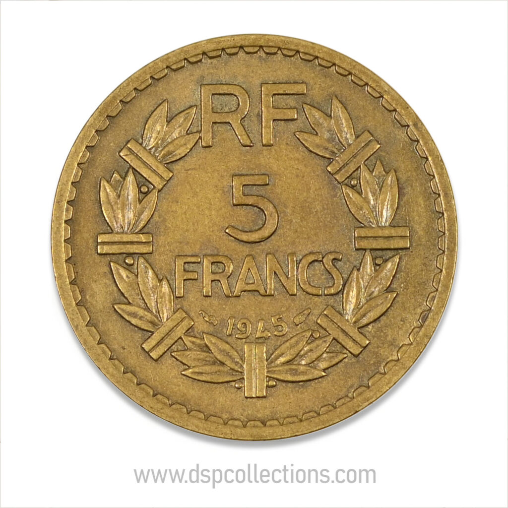 FRANCE, pièce de 5 Francs 1945, Lavrillier Bronze-Aluminium