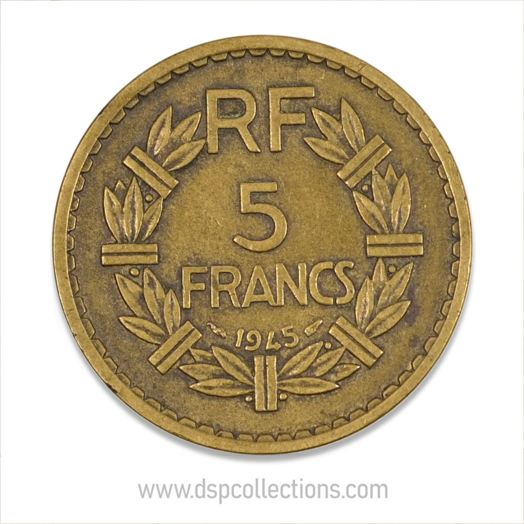 FRANCE, pièce de 5 Francs 1945, Lavrillier Bronze-Aluminium