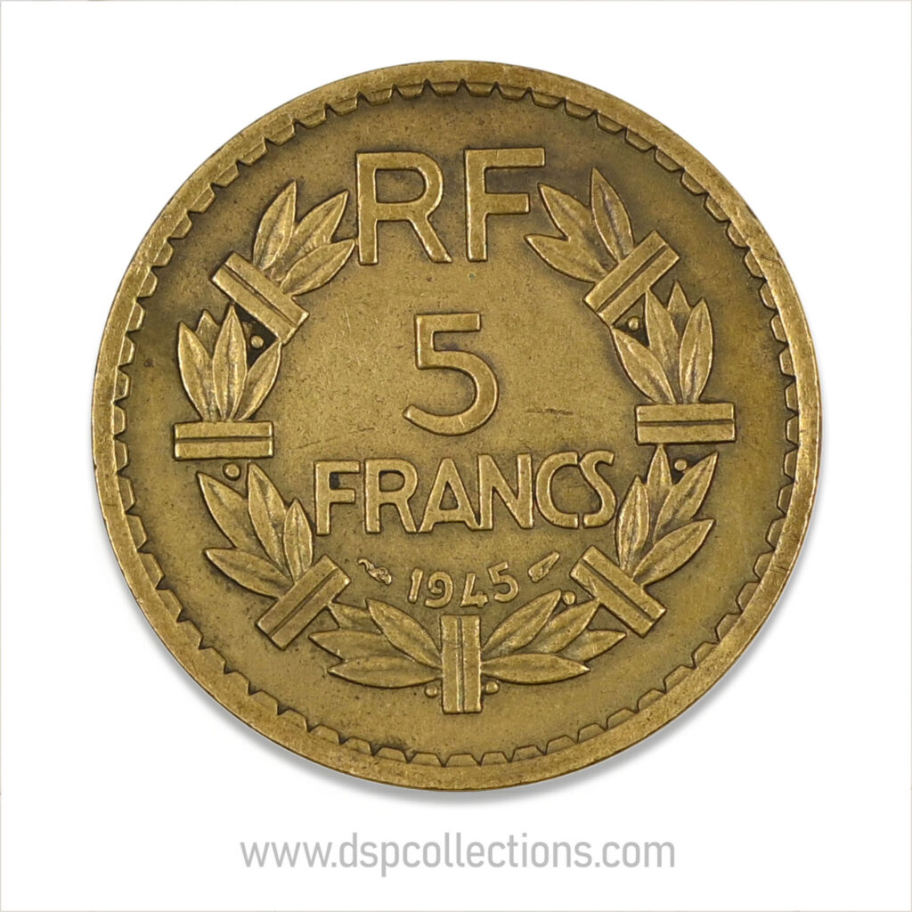 FRANCE, pièce de 5 Francs 1945, Lavrillier Bronze-Aluminium