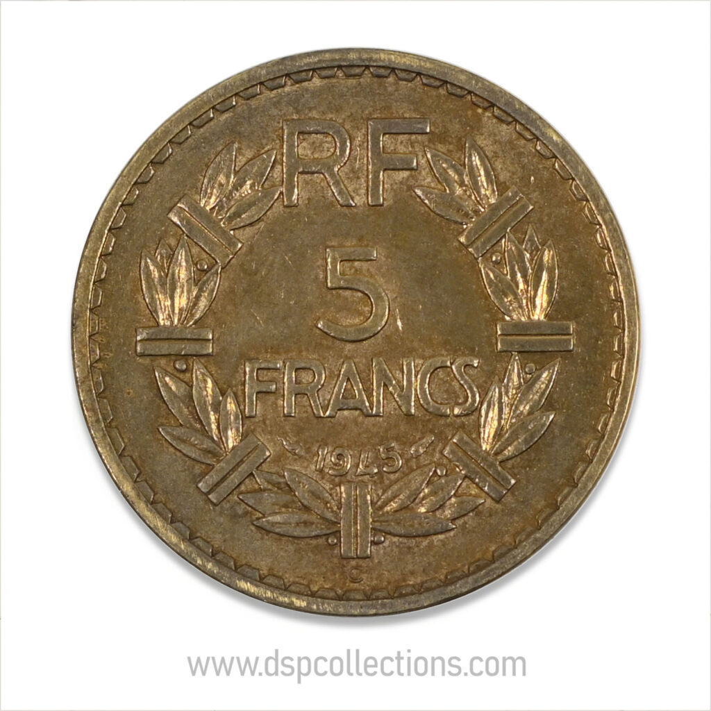 FRANCE, pièce de 5 Francs 1945 C, Lavrillier Bronze-Aluminium