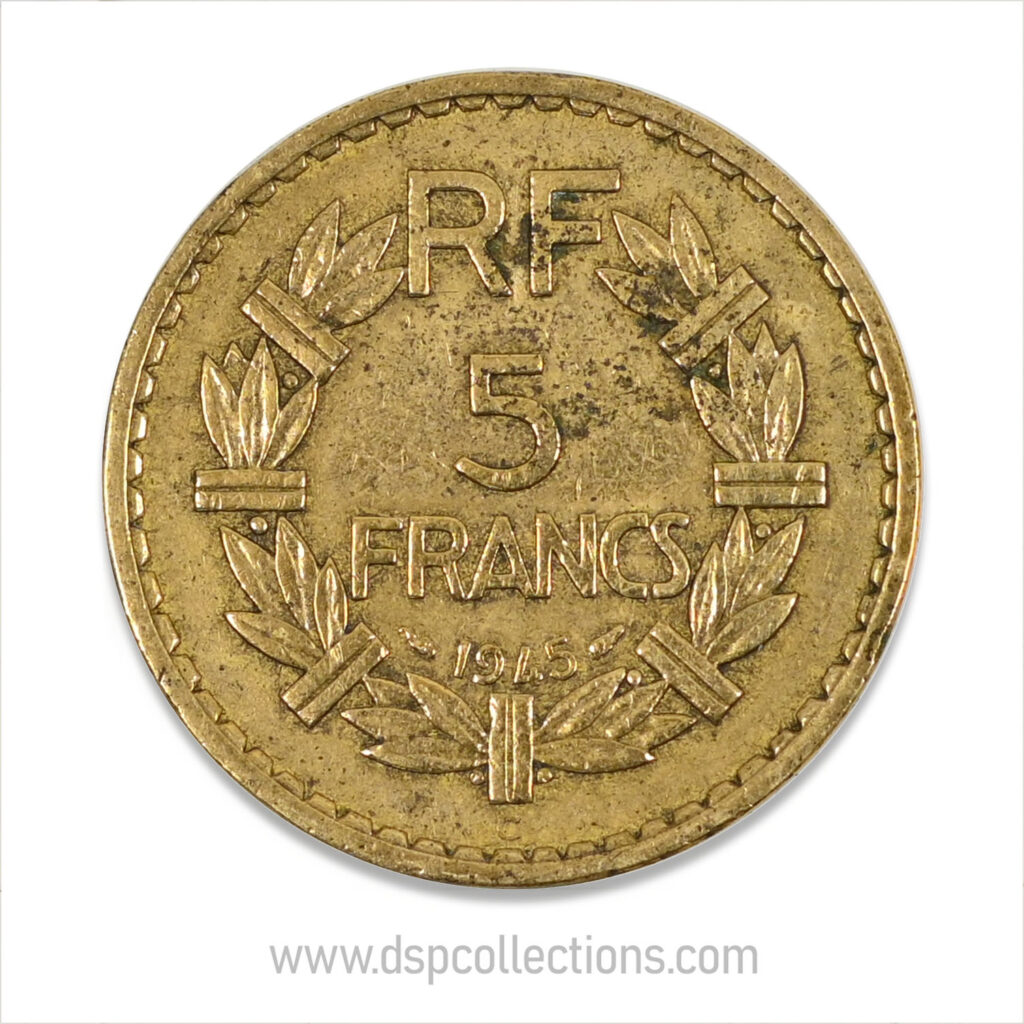 FRANCE, pièce de 5 Francs 1945 C, Lavrillier Bronze-Aluminium