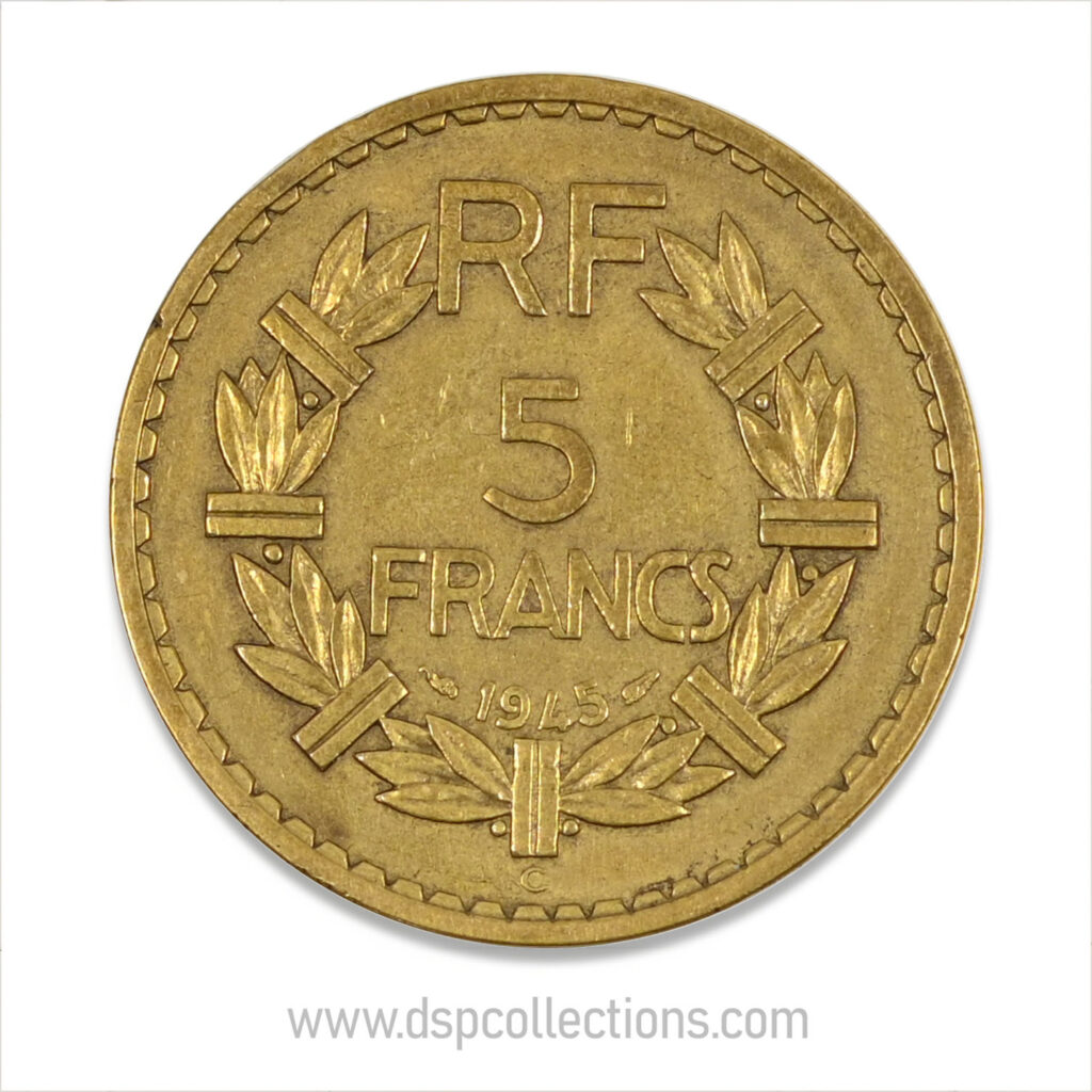 FRANCE, pièce de 5 Francs 1945 C, Lavrillier Bronze-Aluminium