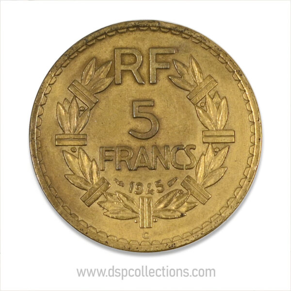 FRANCE, pièce de 5 Francs 1945 C, Lavrillier Bronze-Aluminium