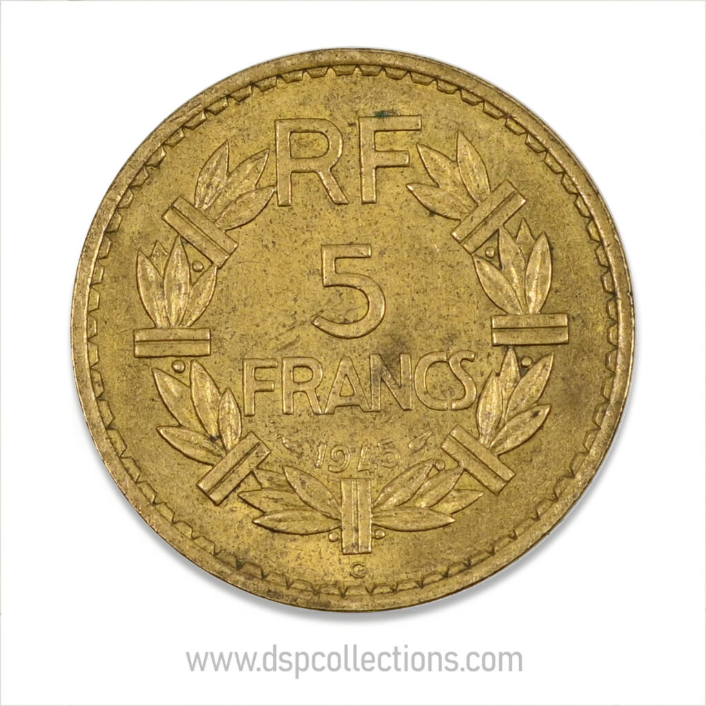 FRANCE, pièce de 5 Francs 1945 C, Lavrillier Bronze-Aluminium