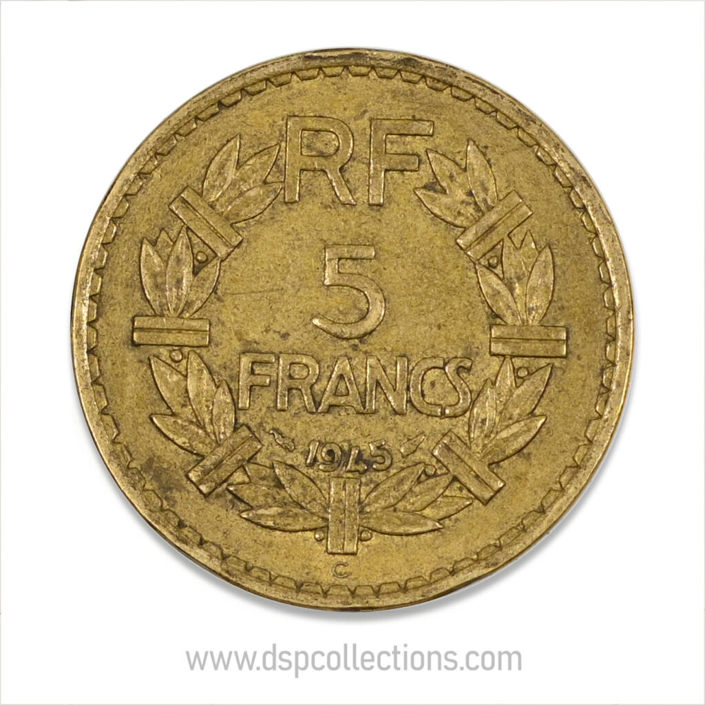 FRANCE, pièce de 5 Francs 1945 C, Lavrillier Bronze-Aluminium