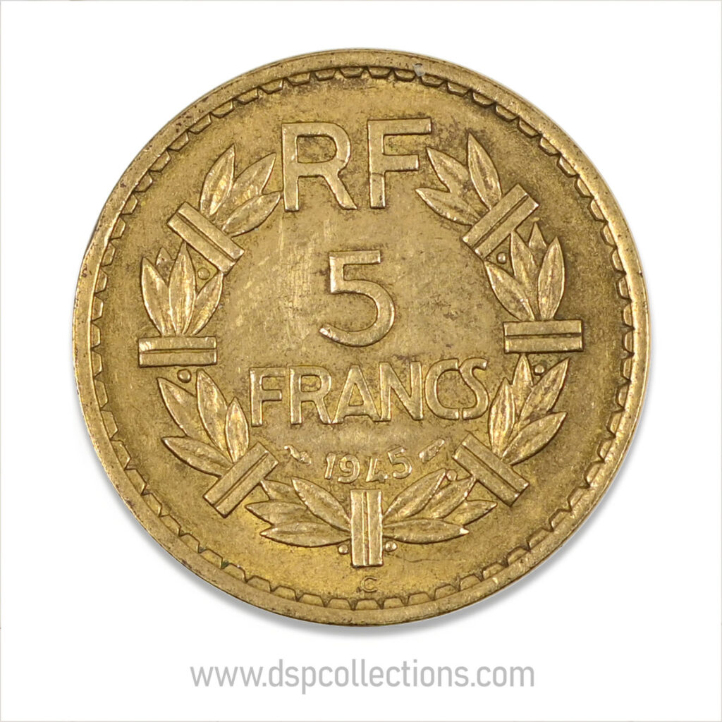 FRANCE, pièce de 5 Francs 1945 C, Lavrillier Bronze-Aluminium