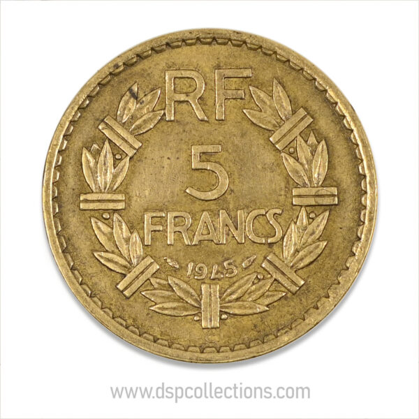 FRANCE, pièce de 5 Francs 1945 C, Lavrillier Bronze-Aluminium