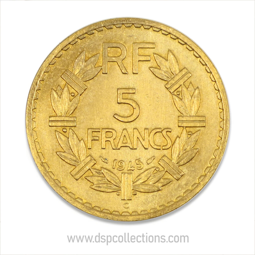 FRANCE, pièce de 5 Francs 1945 C, Lavrillier Bronze-Aluminium