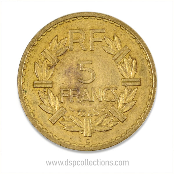 FRANCE, pièce de 5 Francs 1945 C, Lavrillier Bronze-Aluminium