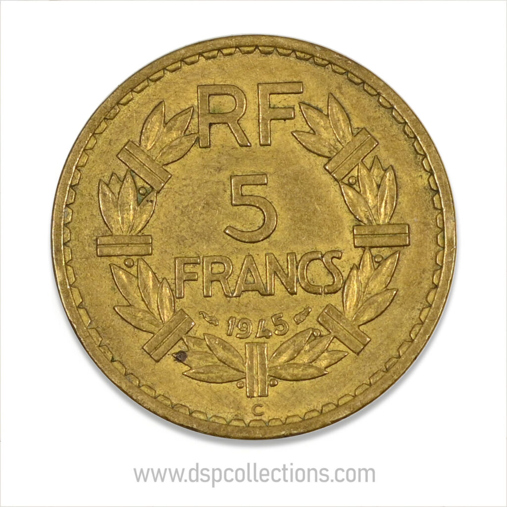 FRANCE, pièce de 5 Francs 1945 C, Lavrillier Bronze-Aluminium