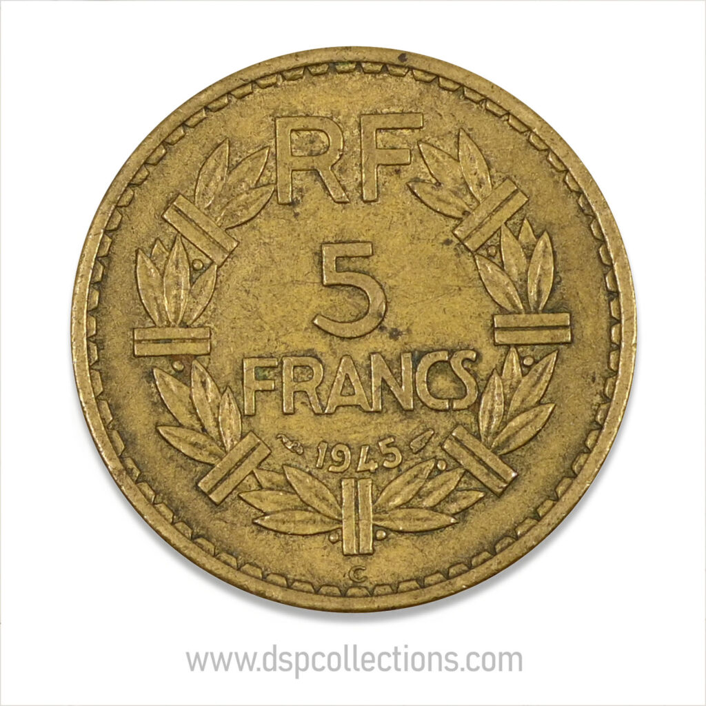 FRANCE, pièce de 5 Francs 1945 C, Lavrillier Bronze-Aluminium