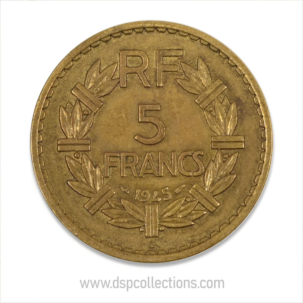 FRANCE, pièce de 5 Francs 1945 C, Lavrillier Bronze-Aluminium