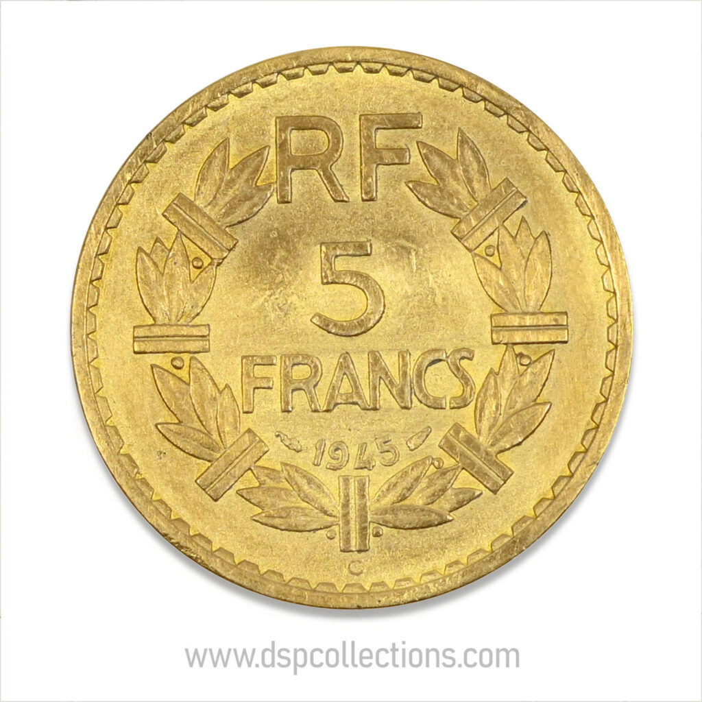 FRANCE, pièce de 5 Francs 1945 C, Lavrillier Bronze-Aluminium