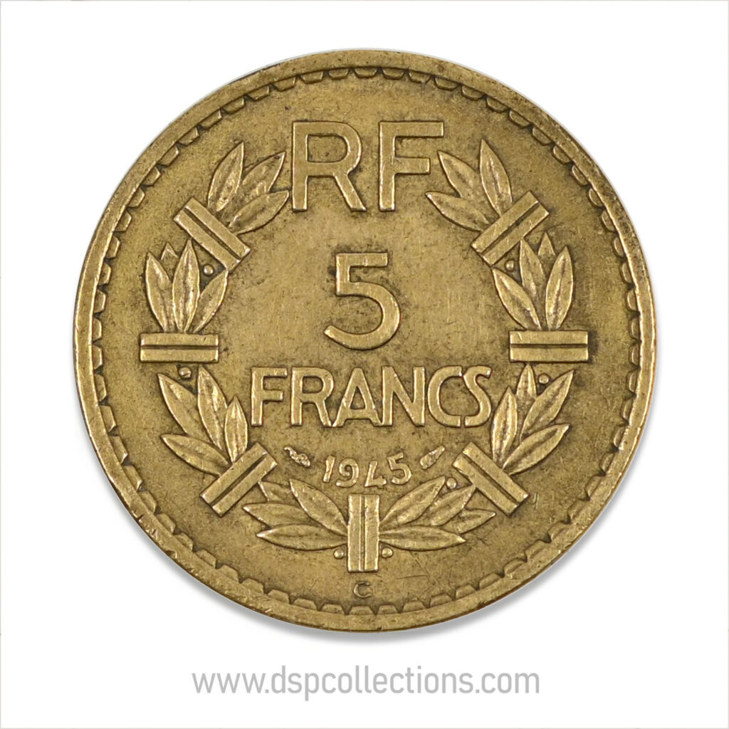 FRANCE, pièce de 5 Francs 1945 C, Lavrillier Bronze-Aluminium