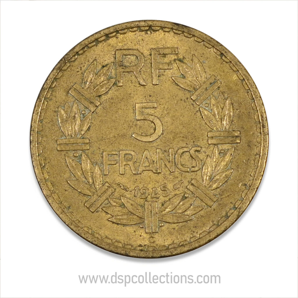 FRANCE, pièce de 5 Francs 1945 C, Lavrillier Bronze-Aluminium