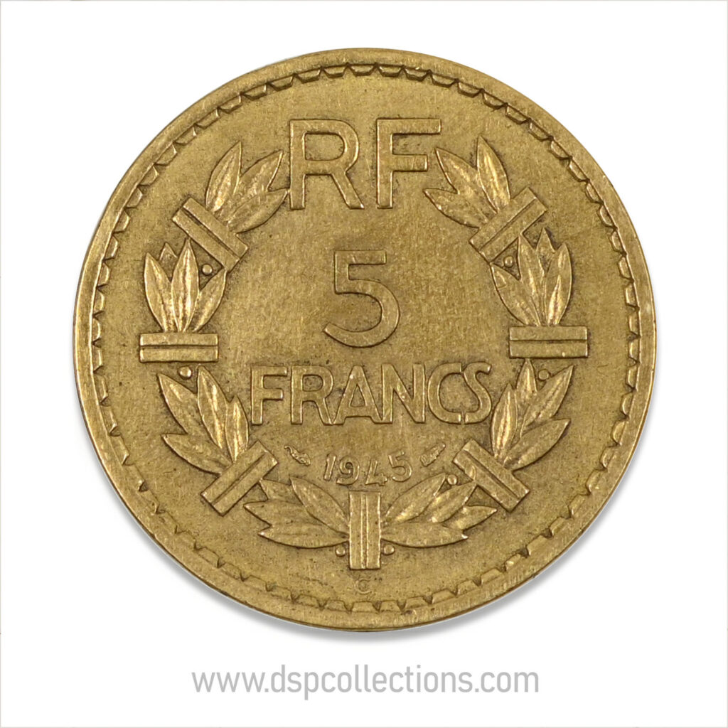 FRANCE, pièce de 5 Francs 1945 C, Lavrillier Bronze-Aluminium