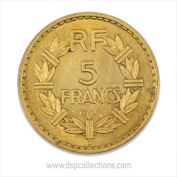 FRANCE, pièce de 5 Francs 1945 C, Lavrillier Bronze-Aluminium