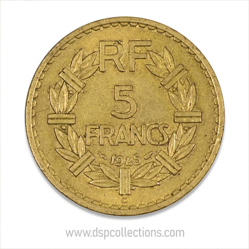 FRANCE, pièce de 5 Francs 1945 C, Lavrillier Bronze-Aluminium