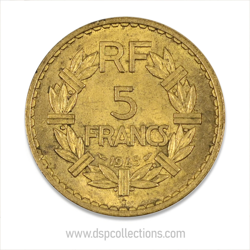 FRANCE, pièce de 5 Francs 1945 C, Lavrillier Bronze-Aluminium