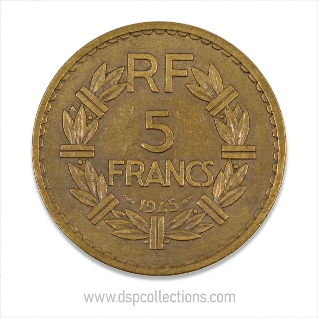 FRANCE, pièce de 5 Francs 1945 C, Lavrillier Bronze-Aluminium