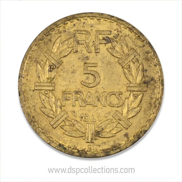 FRANCE, pièce de 5 Francs 1945 C, Lavrillier Bronze-Aluminium