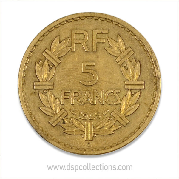 FRANCE, pièce de 5 Francs 1945 C, Lavrillier Bronze-Aluminium