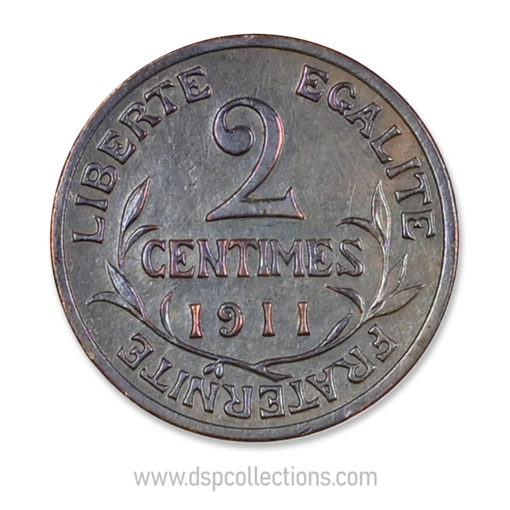 FRANCE, pièce de 2 Centimes Daniel Dupuis 1911