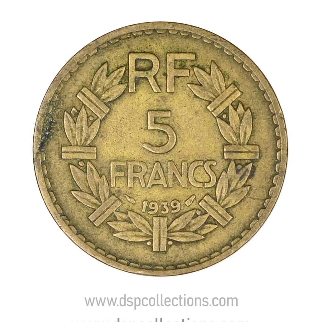 FRANCE, pièce de 5 Francs 1939, Lavrillier Bronze-Aluminium