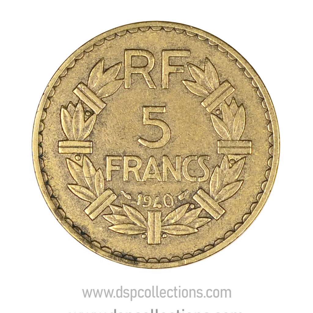 FRANCE, pièce de 5 Francs 1940, Lavrillier Bronze-Aluminium