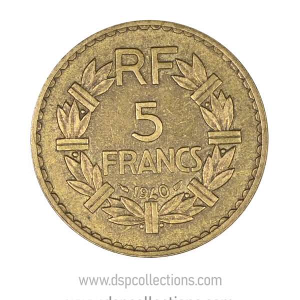 FRANCE, pièce de 5 Francs 1940, Lavrillier Bronze-Aluminium